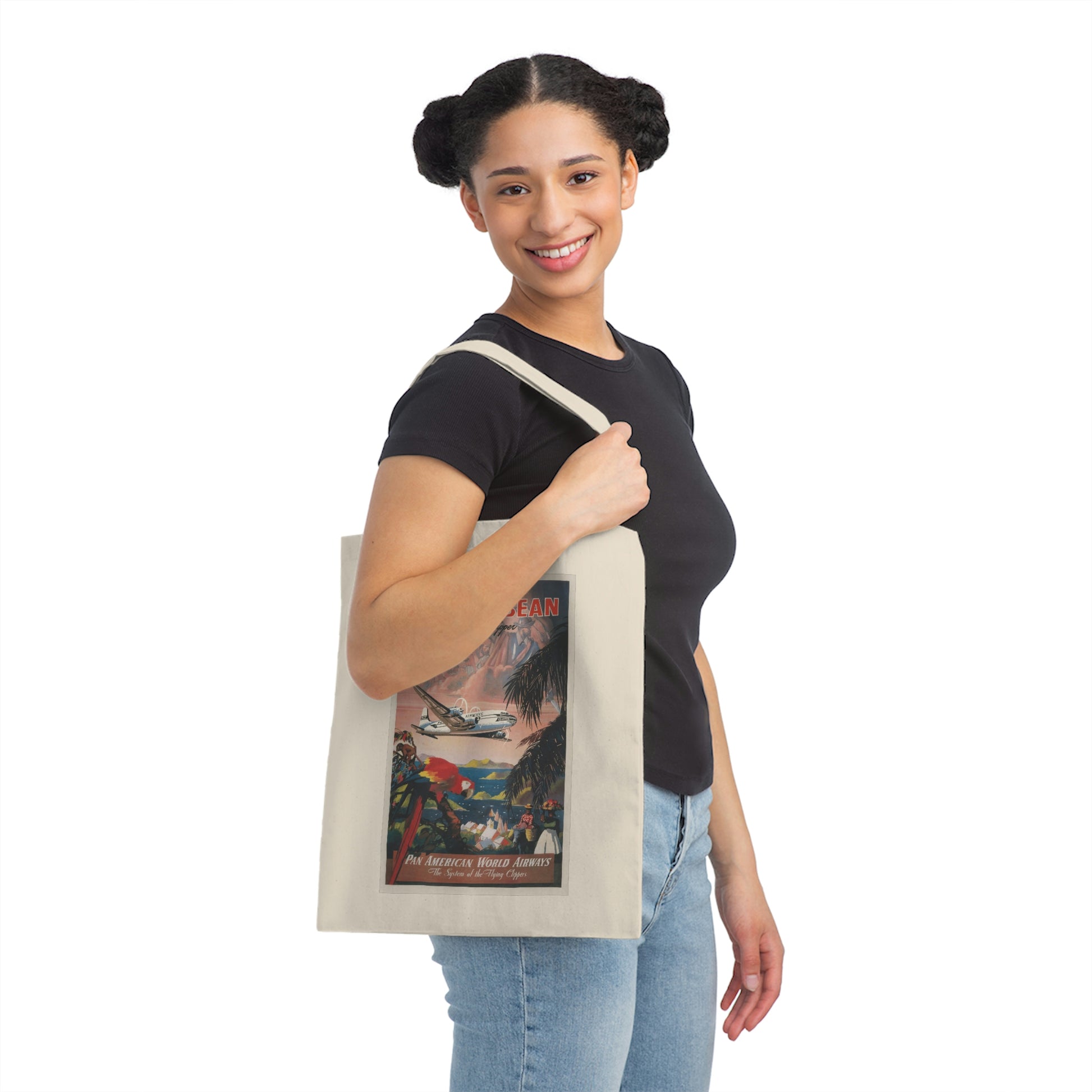 Girl with vintage poster graphic  "Fly to the Caribbean!" Canvas Tote on her shoulder.